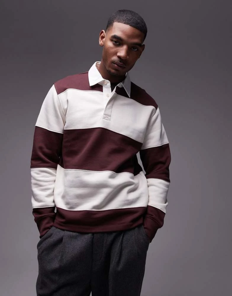Mango Mango rugby polo shirt in burgundy & white stripe 1