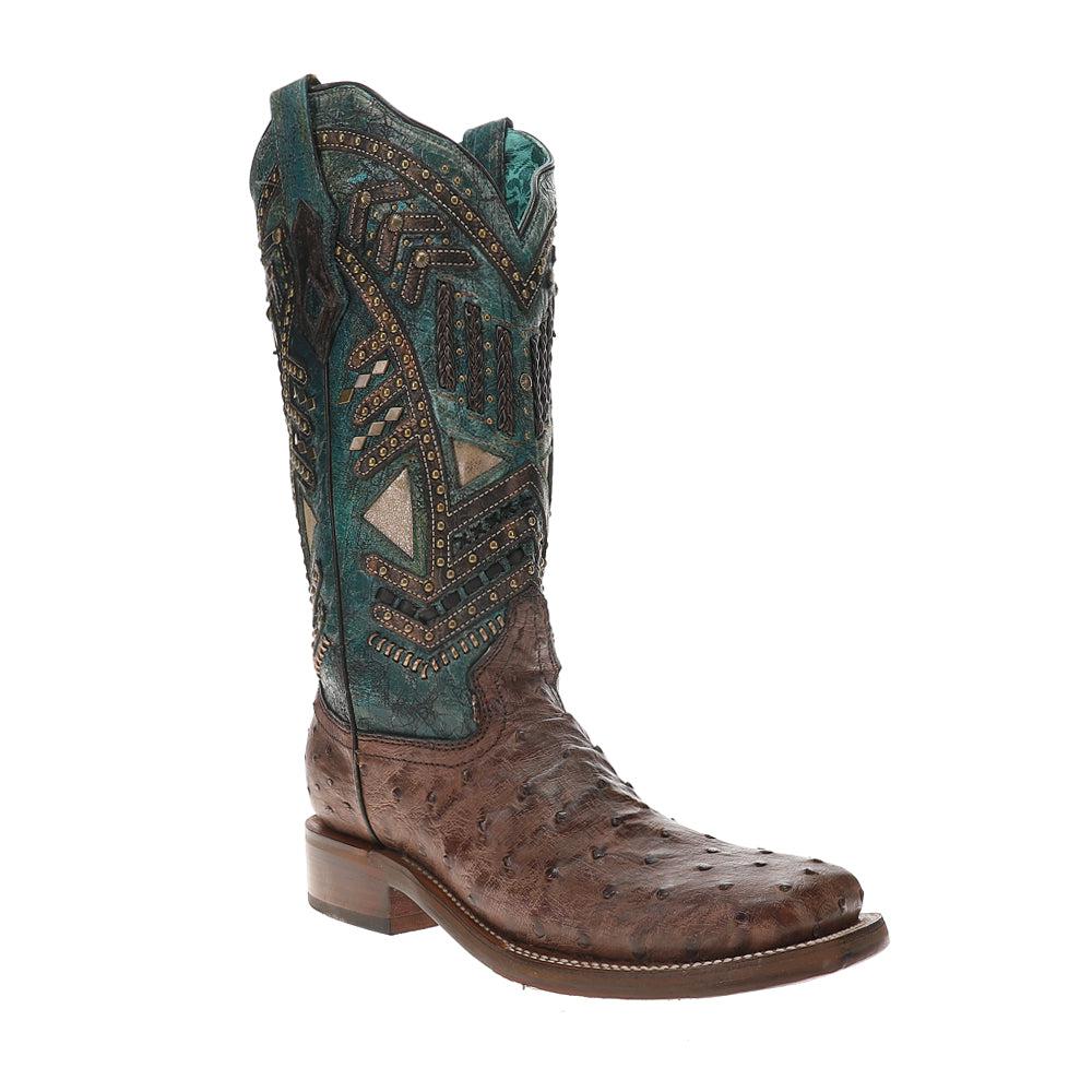 Corral Boots Turquoise Embroidery Studded With Woven Detail Brown Ostrich Square Toe Rodeo Boots
