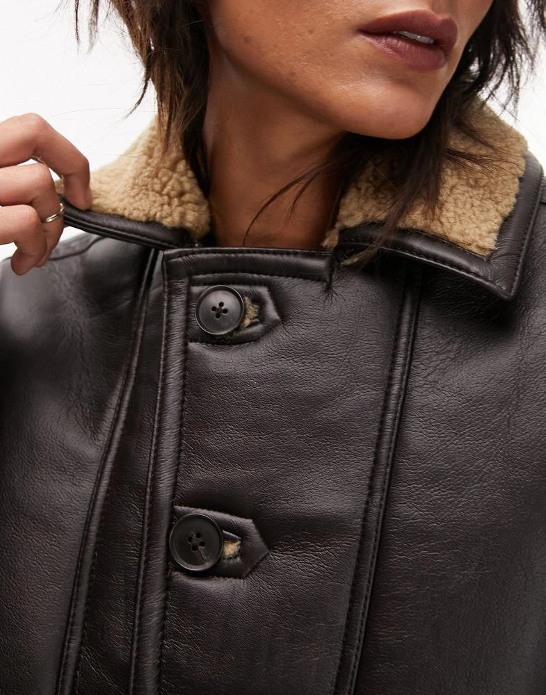 Topshop Topshop faux leather shearling oversized car coat with borg lining in brown 3