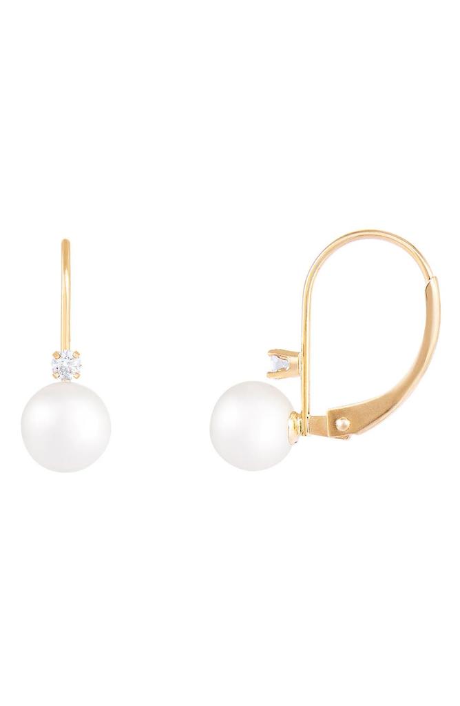 Splendid Pearls 14K Gold 6.5–7mm Cultured Akoya Pearl & CZ Lever Back Earrings