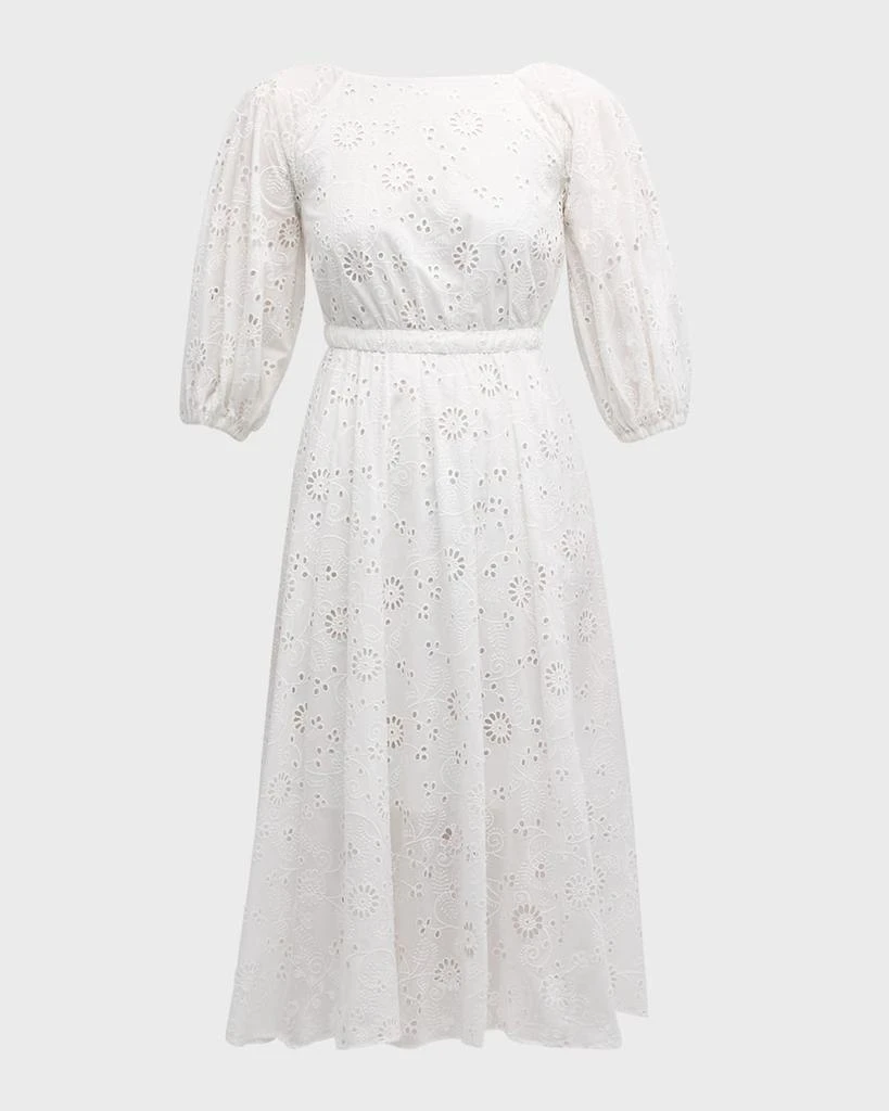 Carolina Herrera Shirred Puff-Sleeve Broderie Anglaise Midi Dress 2