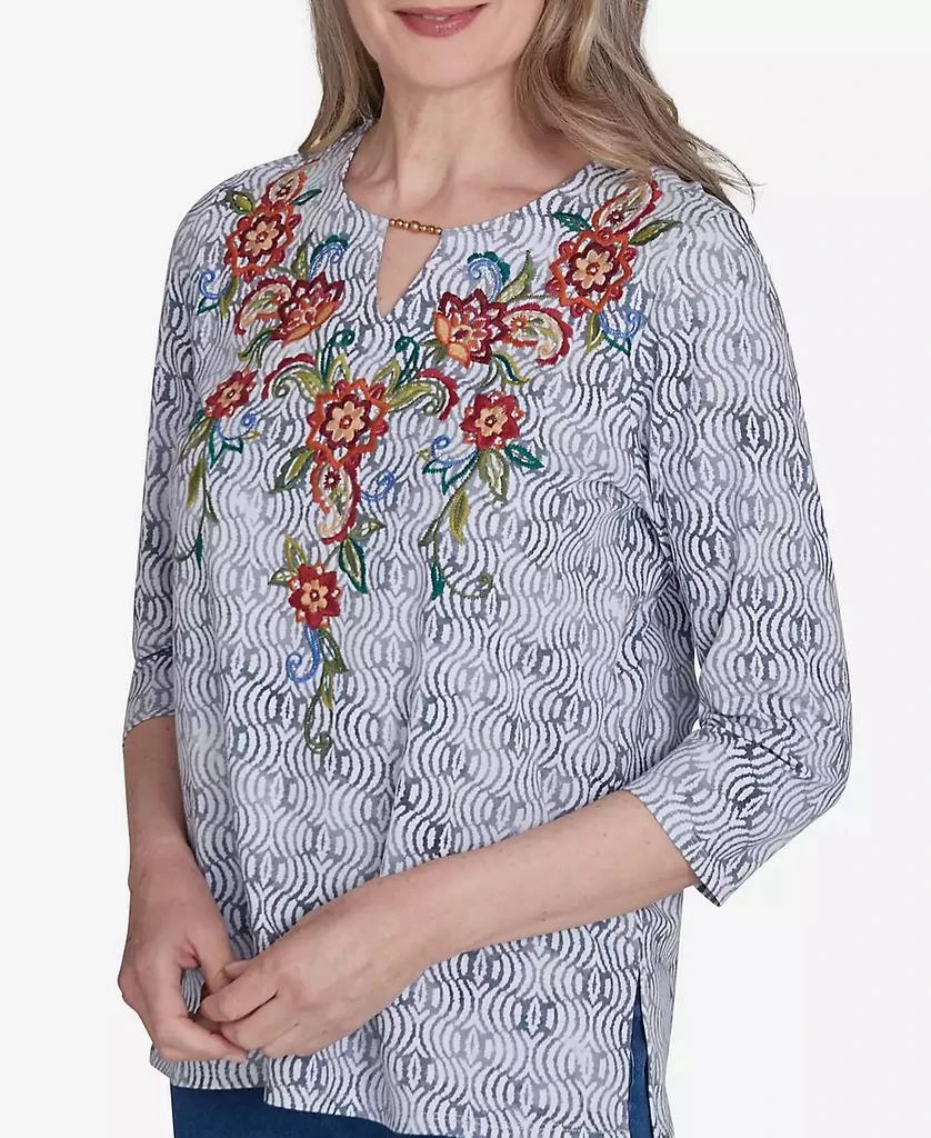 Alfred Dunner Petite Harvest Moon Textured Floral Embroidered Split Neck Top 5