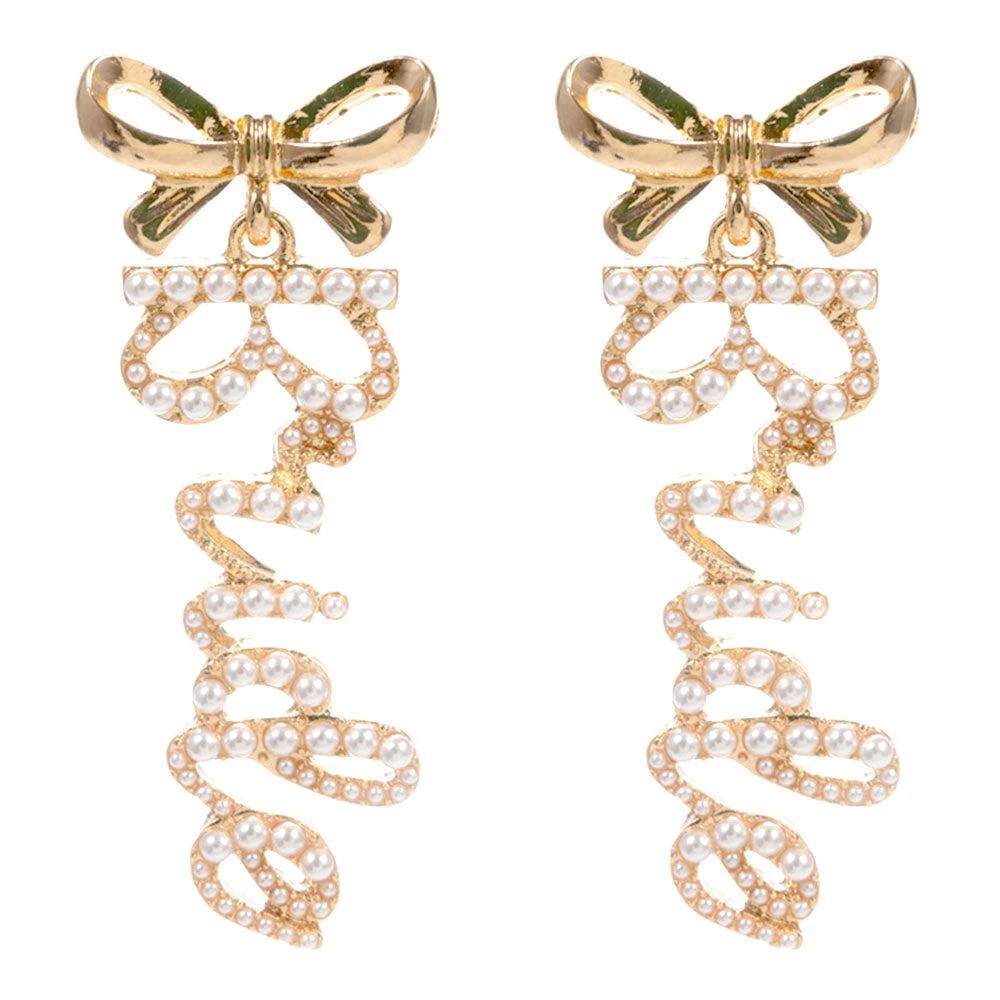FASHNZFAB Bow Script Pearl BRIDE Message Drop Dangle Earrings 2