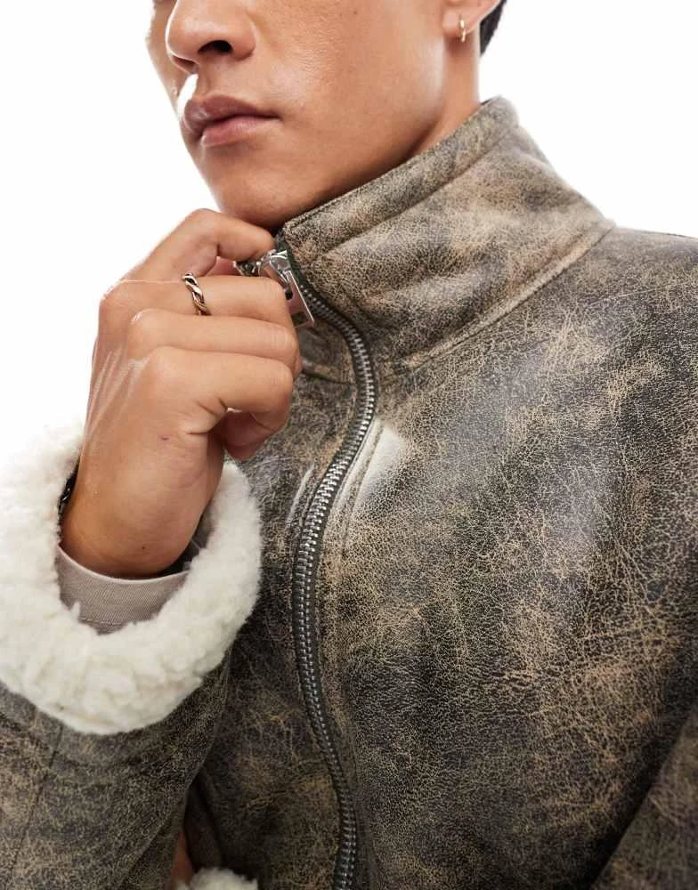 ASOS ASOS DESIGN oversized faux leather aviator jacket in washed black 3
