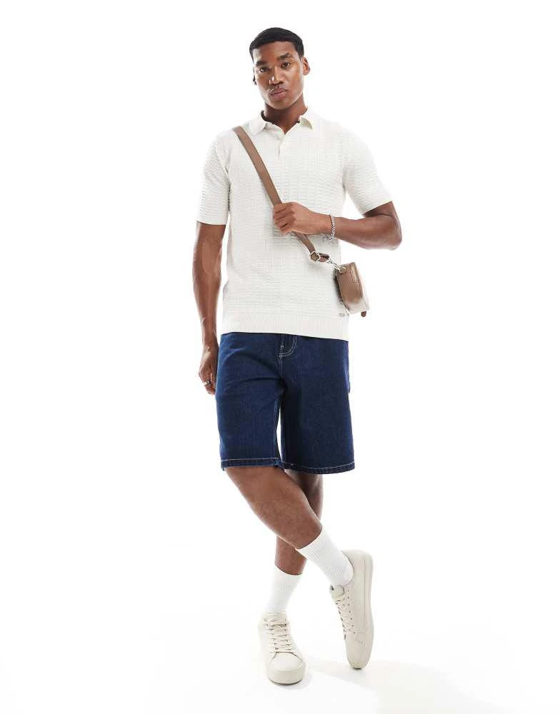 Threadbare Threadbare Cotton mix short sleeve textured knitted polo shirt in ecru 2