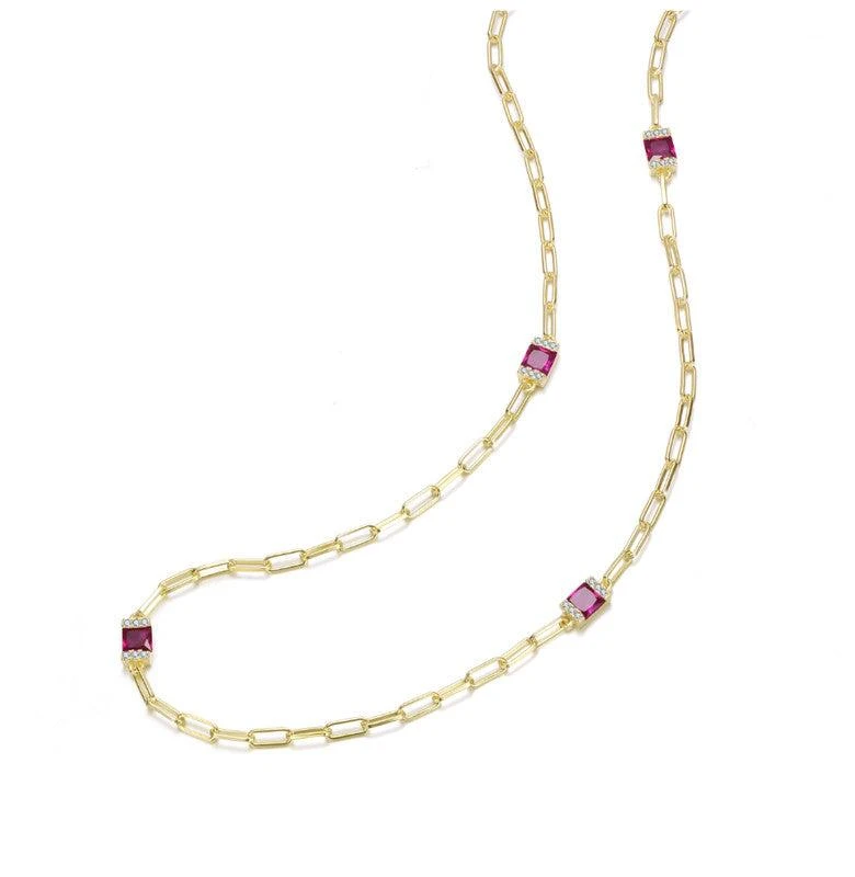 Rachel Glauber 14K Gold Plated with Ruby Red Cubic Zirconia Square Accents Chain Necklace 2