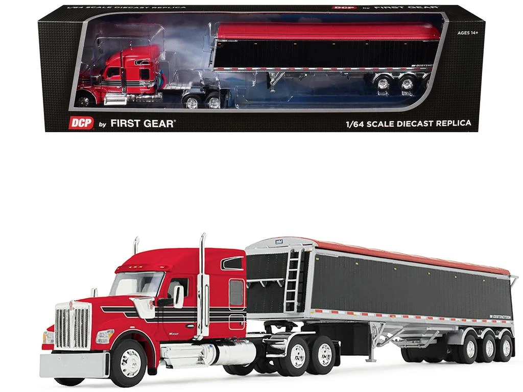 First Gear Kenworth W990 with 76" Mid-Roof Sleeper and Lode King Distinction Hopper Trailer Red and Black 1/64