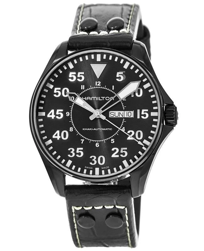 Hamilton Hamilton Khaki Aviation Pilot Day Date Auto Black Dial Leather Strap Men's Watch H64785835 1