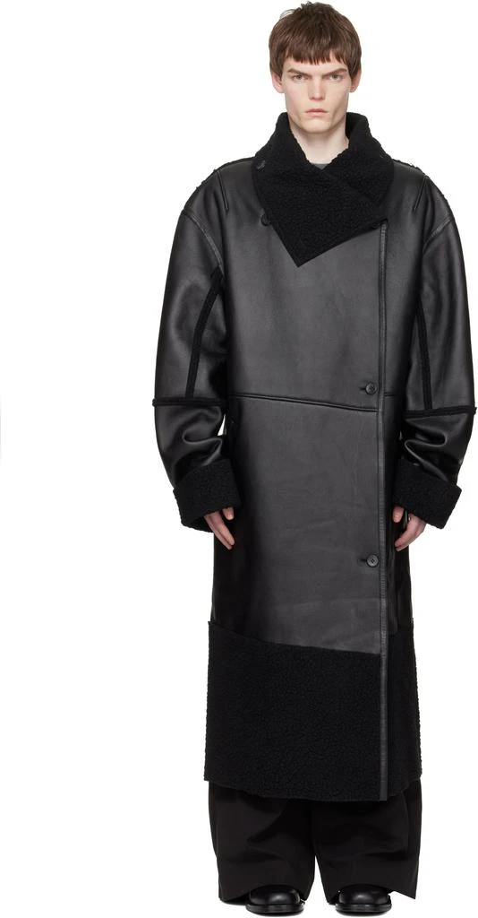 Entire Studios Black Long Leather 
Faux-Shearling Coat