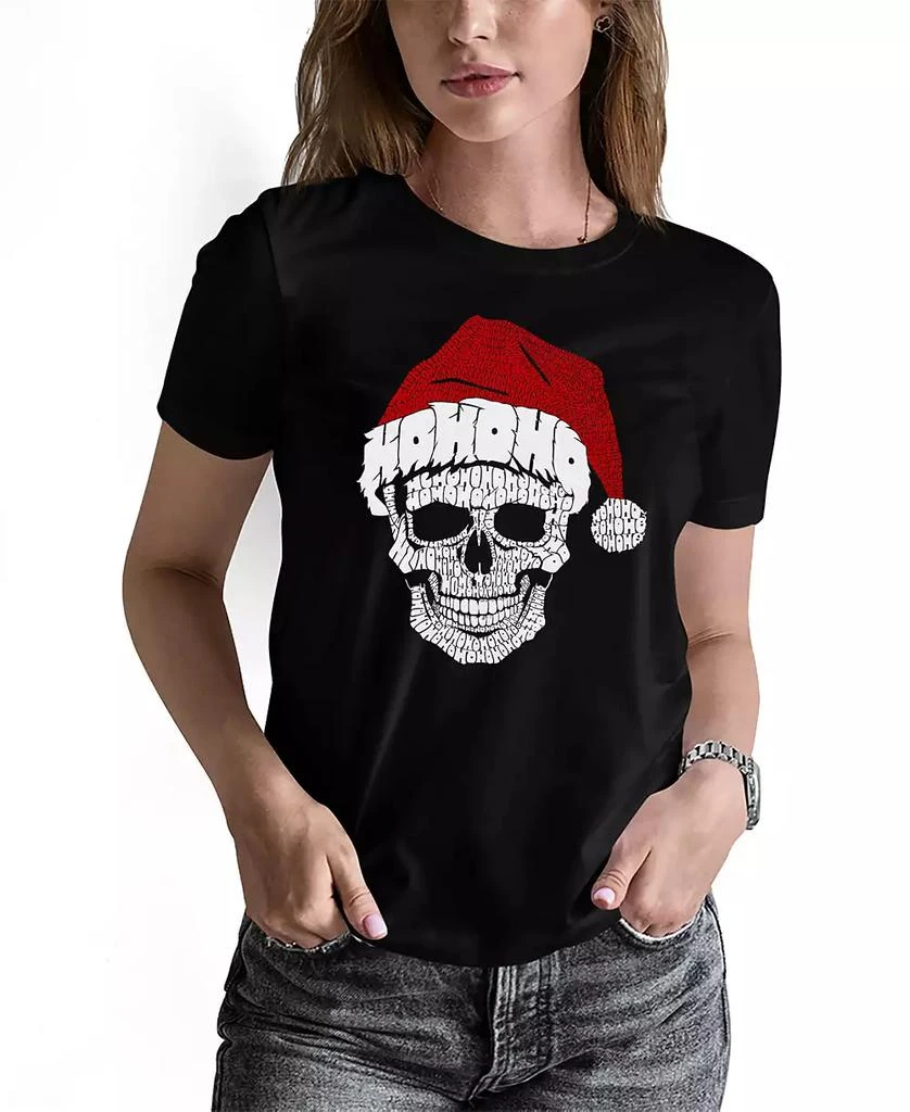 LA Pop Art Women's Santa Skull Word Art Crew Neck T-Shirt 1
