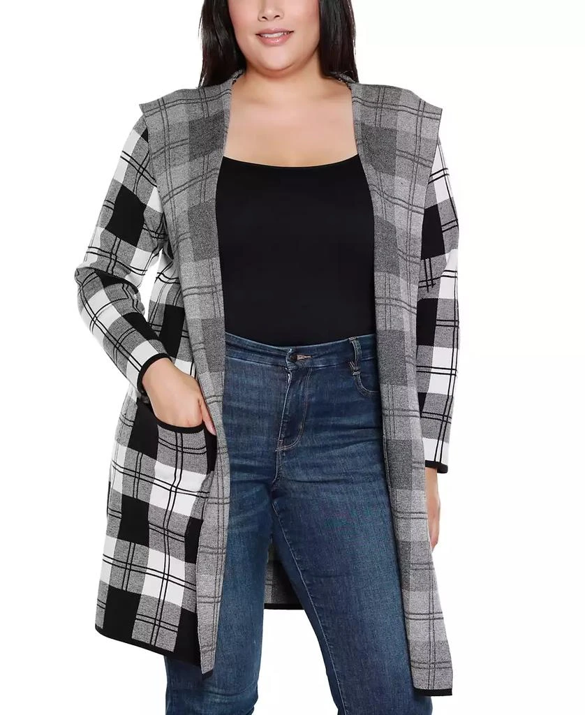 Belldini Plus Size Hooded Checkered Plaid Cardigan Sweater 1