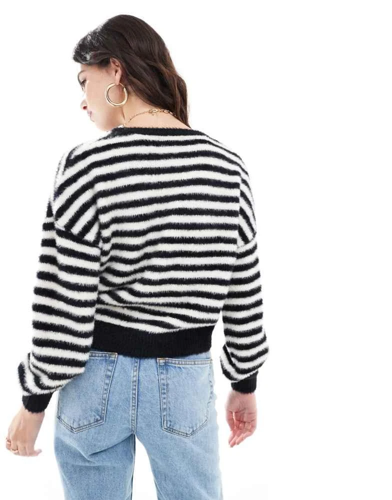 ONLY ONLY fluffy detail  stripe jumper in black & white 4