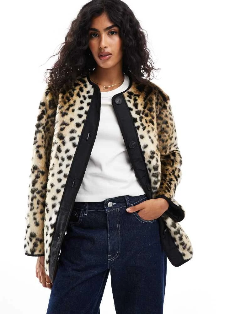 ASOS ASOS DESIGN leopard print faux fur collarless jacket in leopard 2