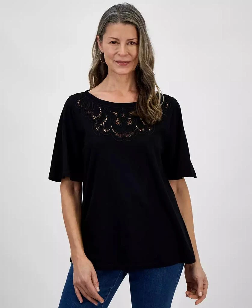 Style & Co Petite Crochet-Trimmed Short-Sleeve Knit Top, Exclusively at Macy's 1