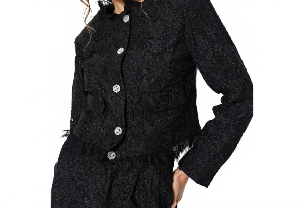 INA Fashion Lace Fringe Trim Pearl Button Cropped Jacket In Black