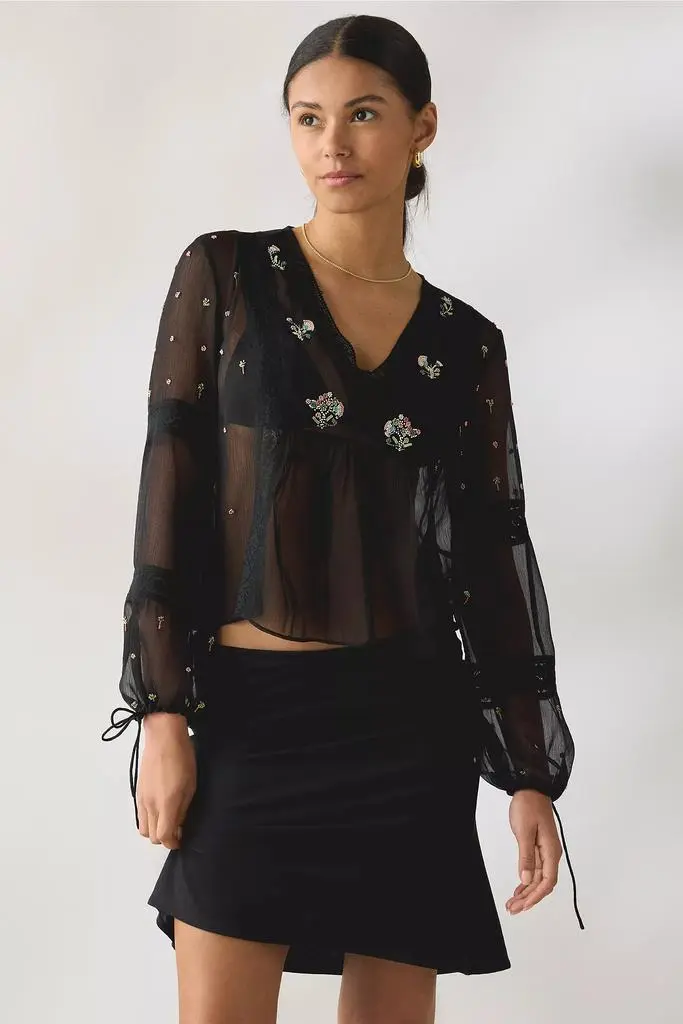 Kimchi Blue Kimchi Blue Lara Floral Embroidered Sheer Long Sleeve Blouse