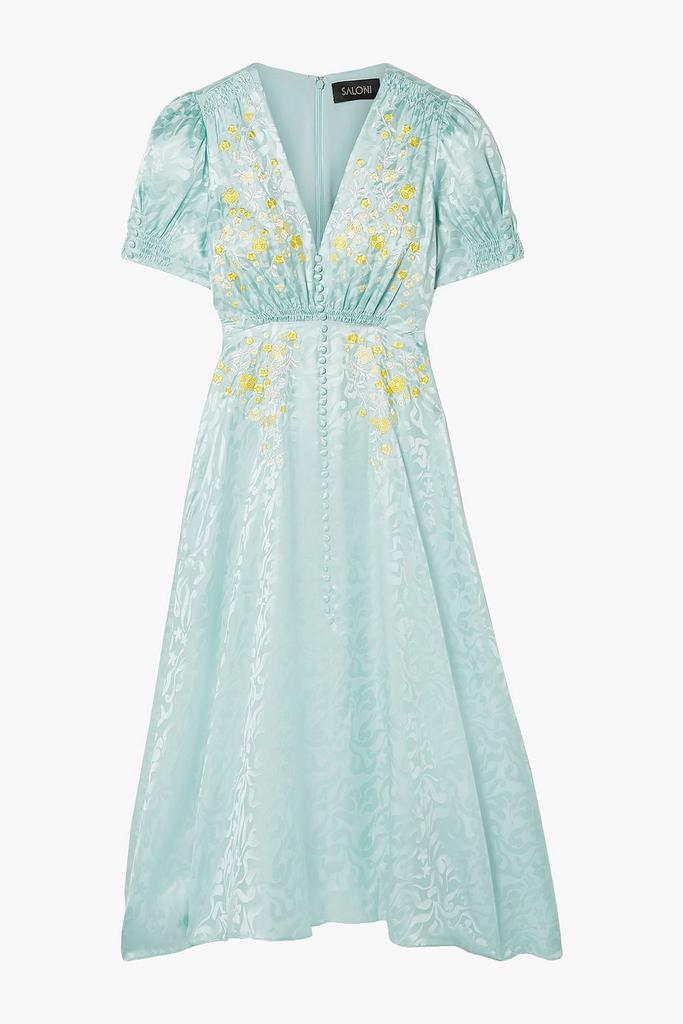 Saloni Lea shirred embroidered silk-satin jacquard midi dress