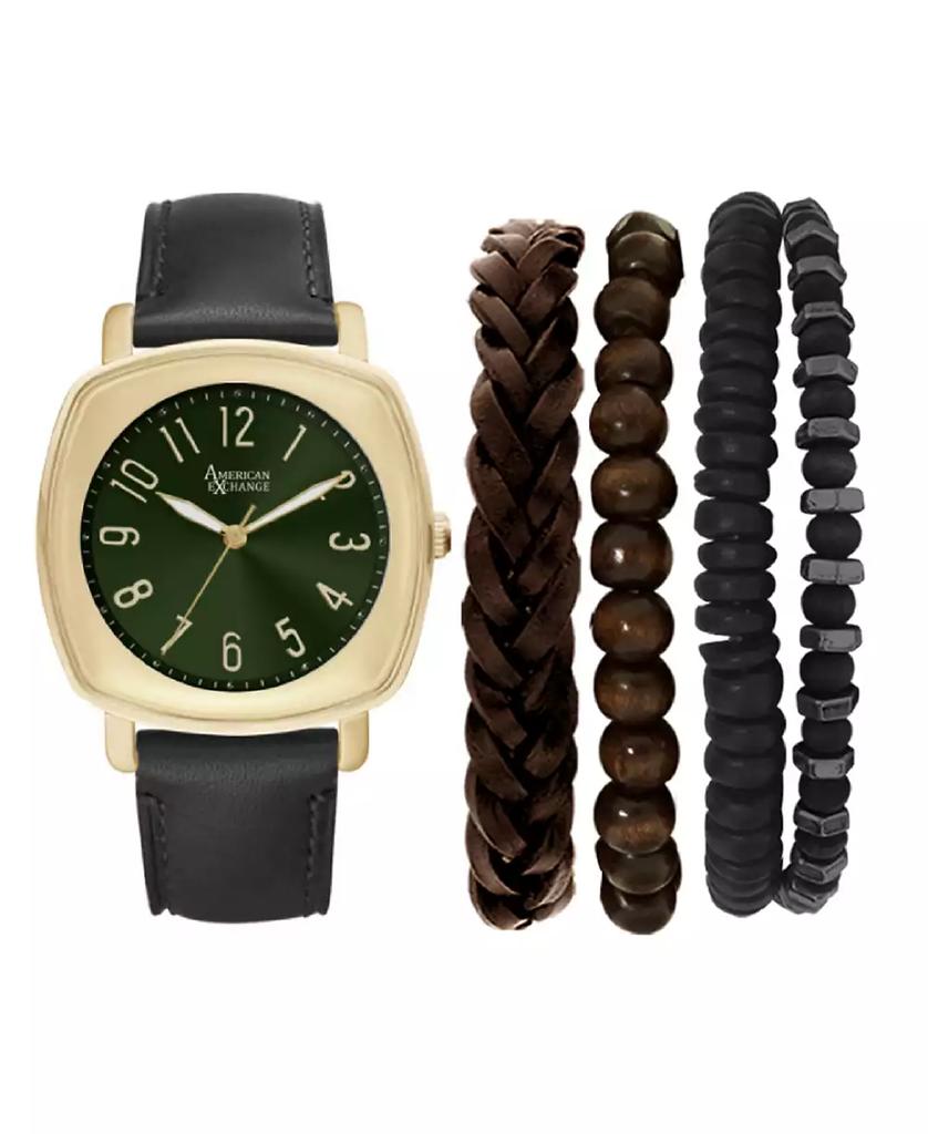 American Exchange Men's Black Leather Strap Analog Watch 46mm with Stackable Bracelets Gift Set