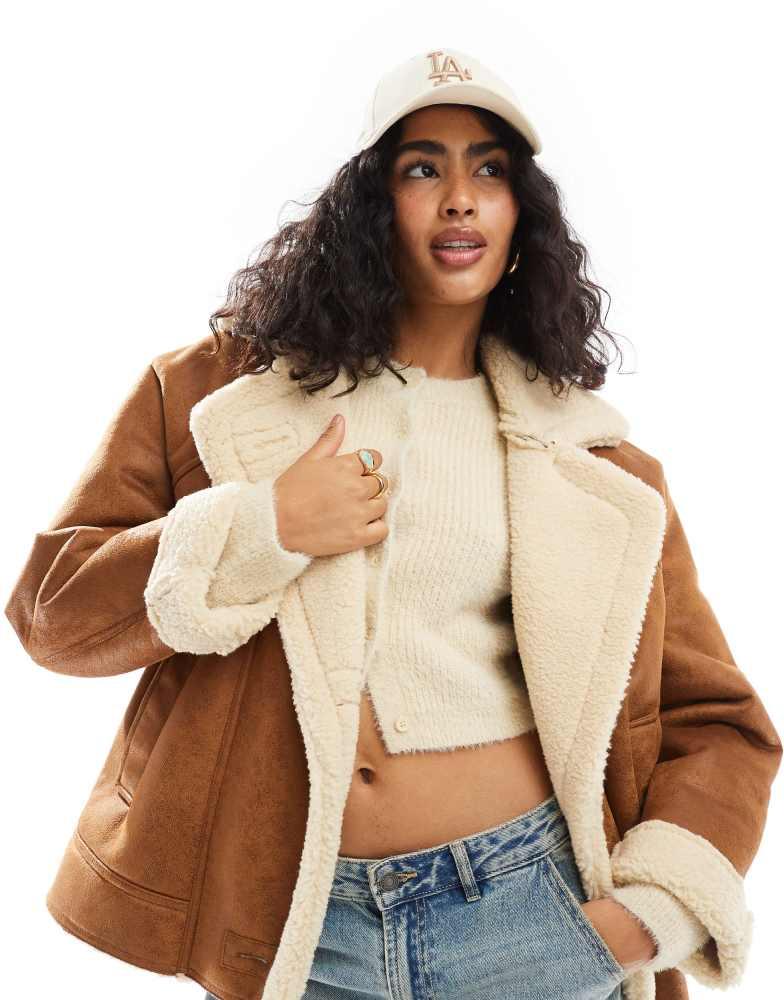 Bershka Bershka oversized contrast shearling jacket in brown