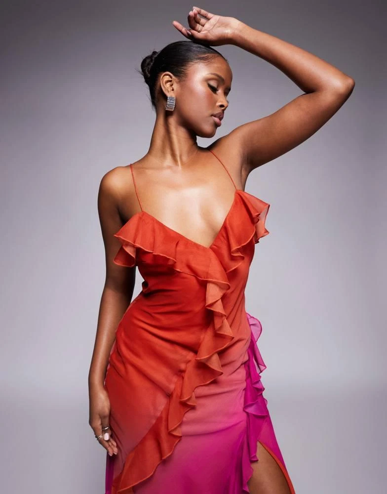 ASOS ASOS DESIGN chiffon ombre maxi dress in orange and pink 4