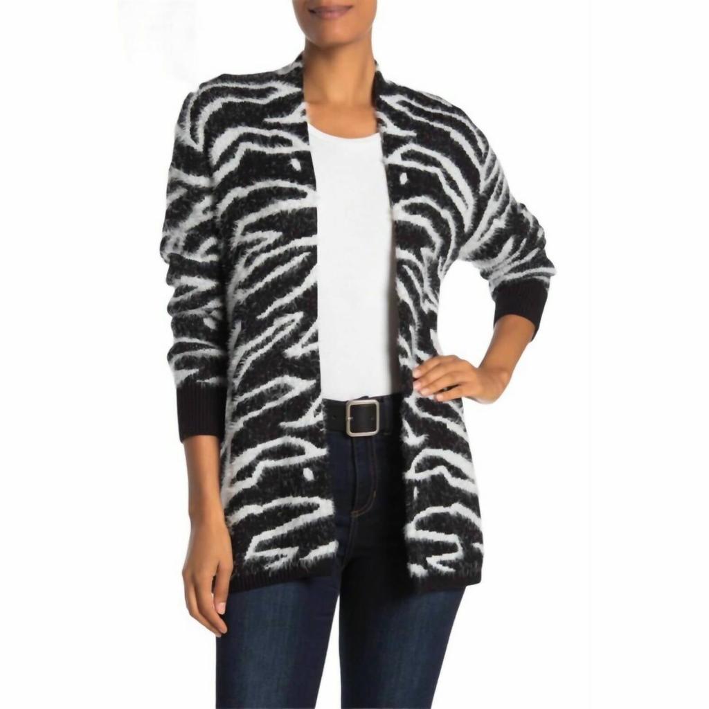 SUSINA Women's Zebra Print Open Front Eyelash Cardigan In Black-Ivory