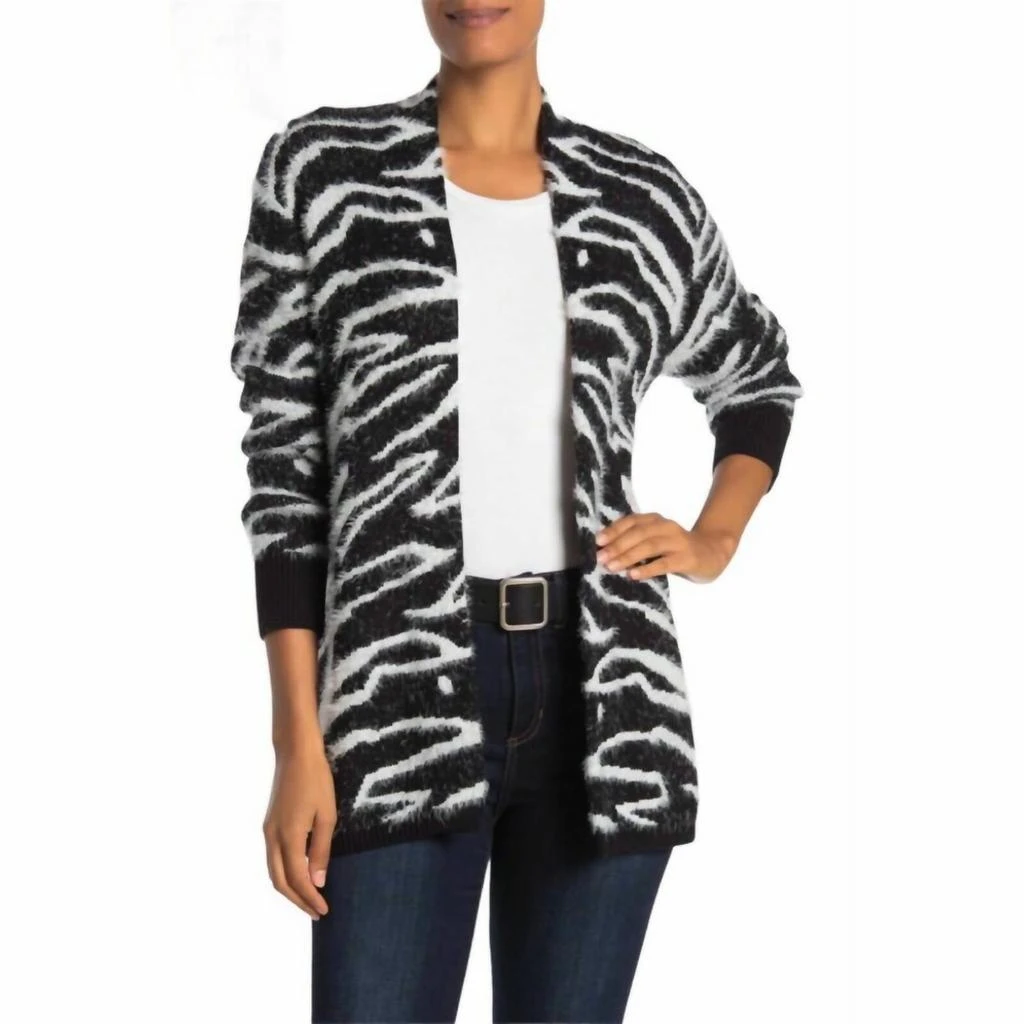 SUSINA Women's Zebra Print Open Front Eyelash Cardigan In Black-Ivory 2