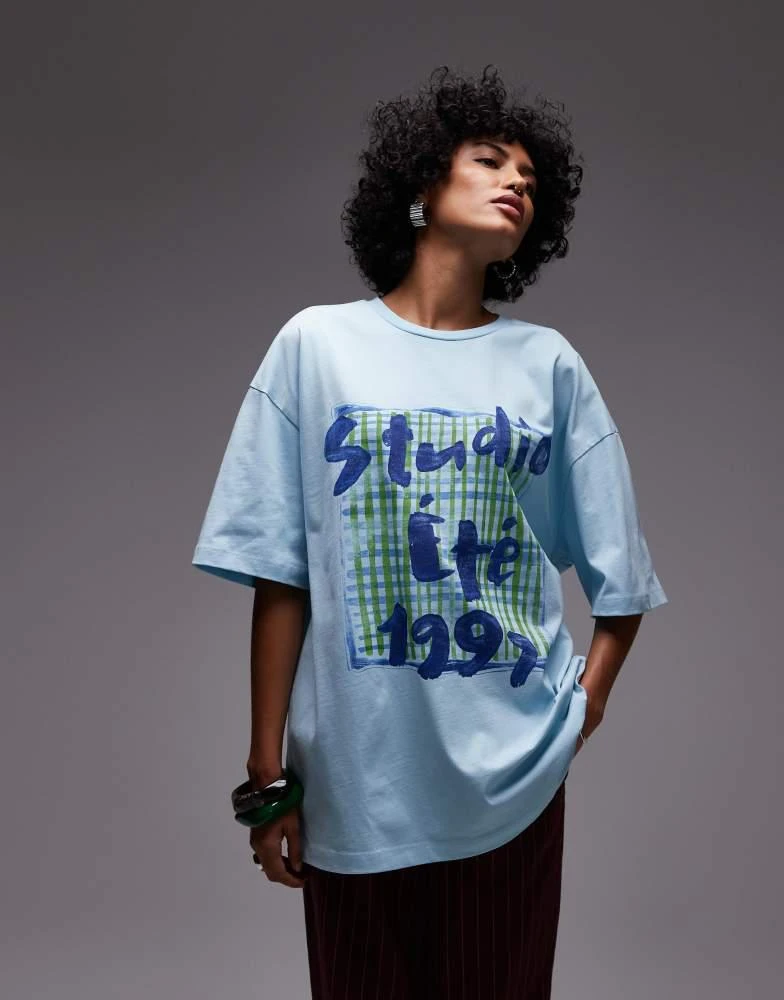 Topshop Topshop jersey graphic scarf print oversized top in light blue