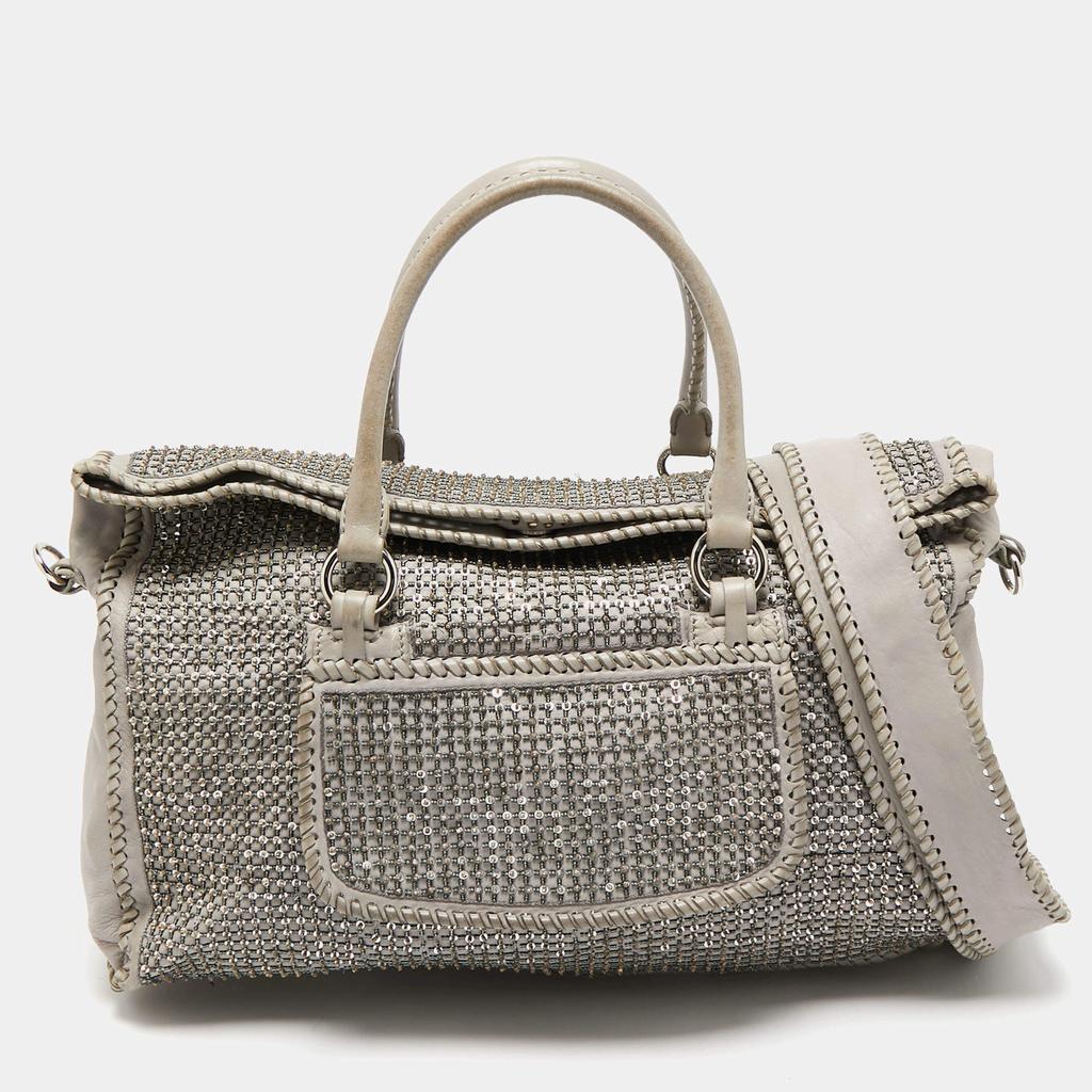 Valentino Valentino Grey Leather, Beads and Sequins Embellished Satchel