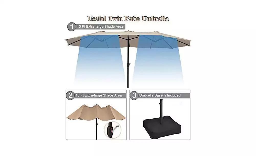 Mecale 15 Feet Double-Sided Twin Patio Umbrella with Crank and Base 4