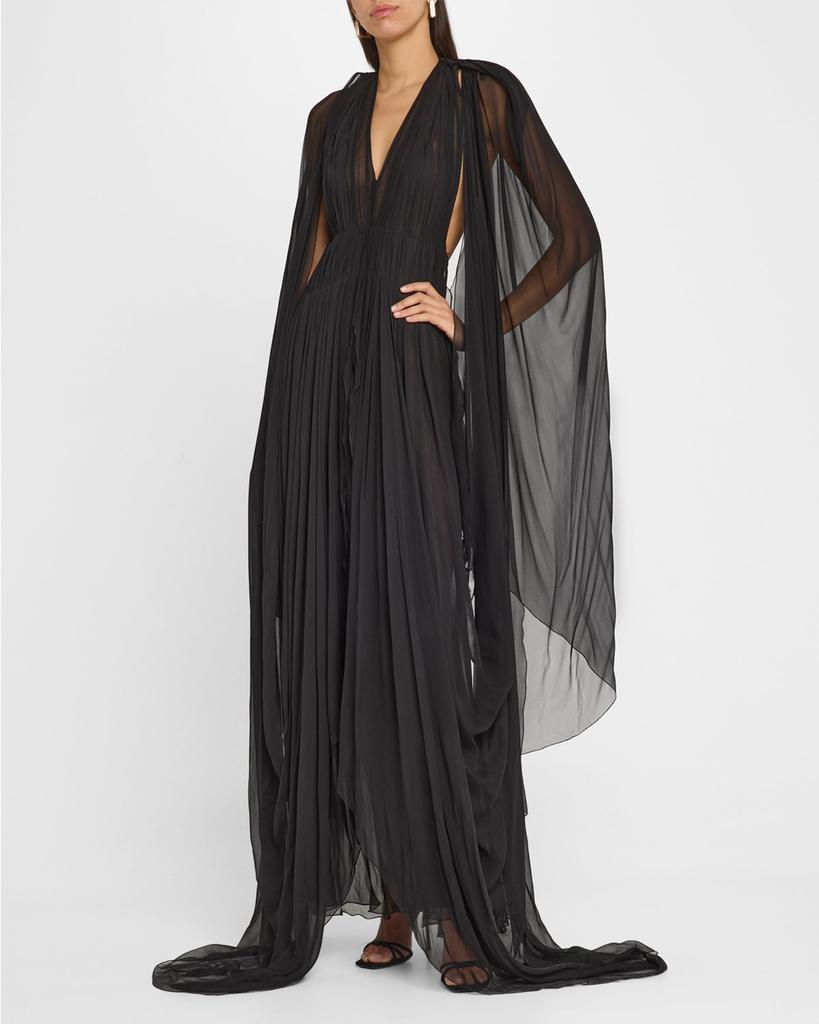 Alberta Ferretti Organic Chiffon Cape-Sleeve Backless Gown