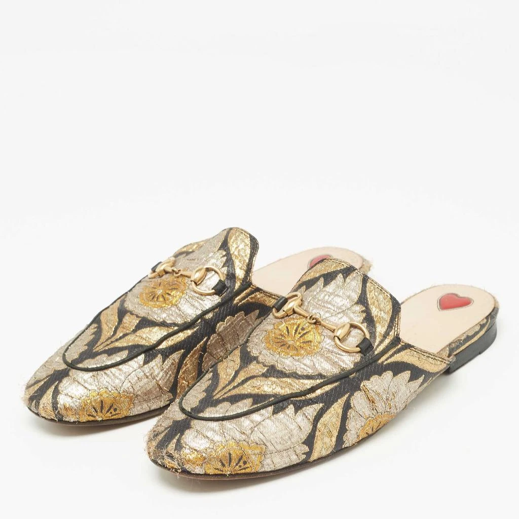 Gucci Gucci Black/Gold Brocade Fabric Princetown Flat Mules Size 37 2