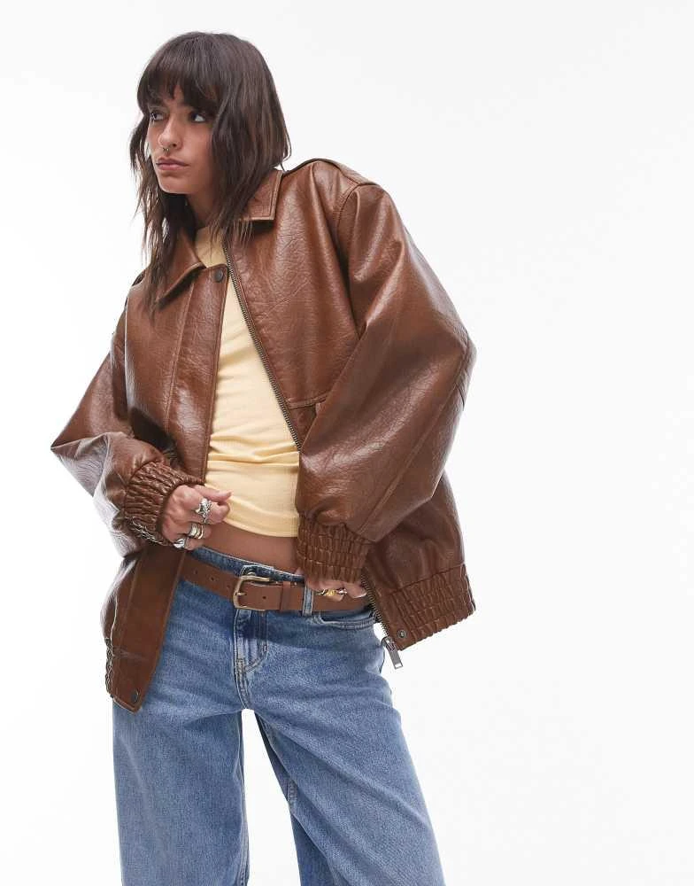 Topshop Topshop faux leather oversized bomber jacket in tan 1