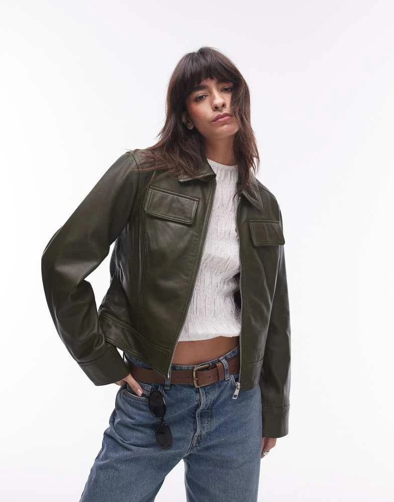 Topshop Topshop premium real leather boxy jacket in dark green 1