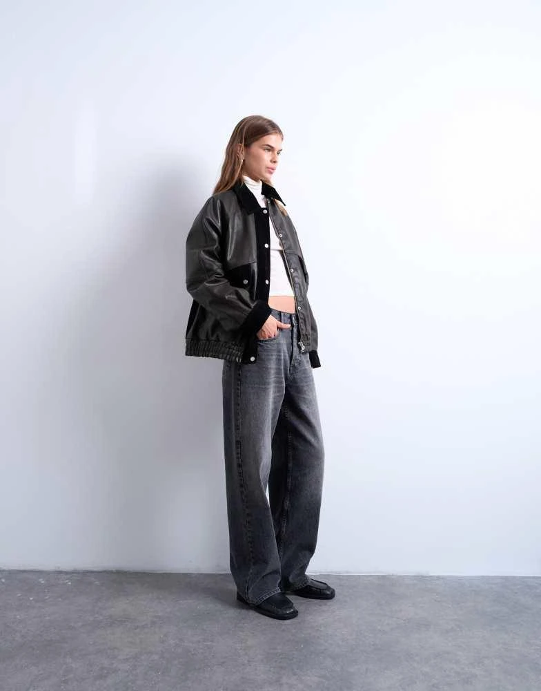 Topshop Topshop faux leather patch pocket jacket with faux suede contrast in brown 2