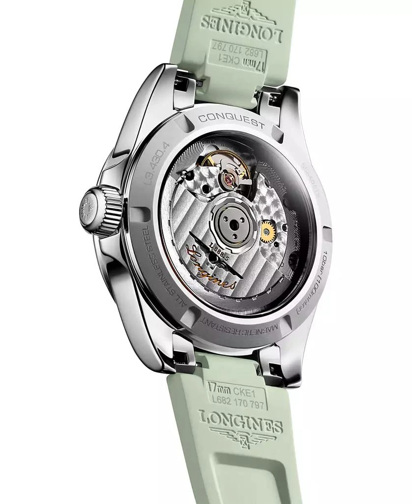 Longines Women's Swiss Automatic Conquest Mint Green Rubber Strap Watch 34mm 6