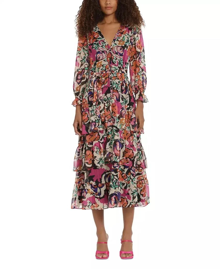 Donna Morgan Women's Printed V-Neck Tiered-Ruffle-Trim Dress 1
