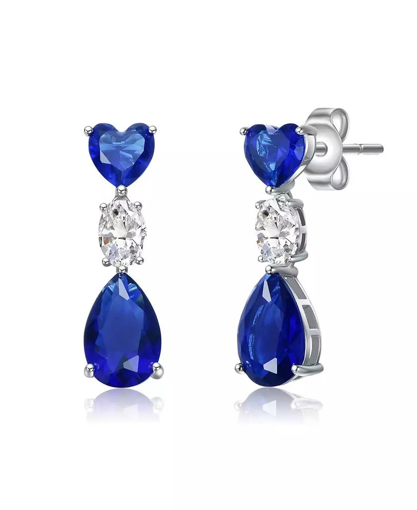 Genevive Sterling Silver White Gold plated with Blue 
White Cubic Zirconia Three-Stone Linear Dangle Earrings