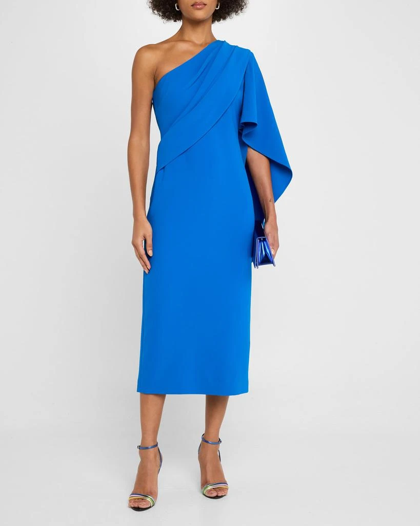 Badgley Mischka Draped One-Shoulder Stretch Crepe Midi Dress 2