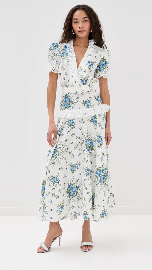 Rodarte White and Blue Daisy Silk Short Sleeve Silk Dress with Eyelet Ruffle Detail and Belt 1