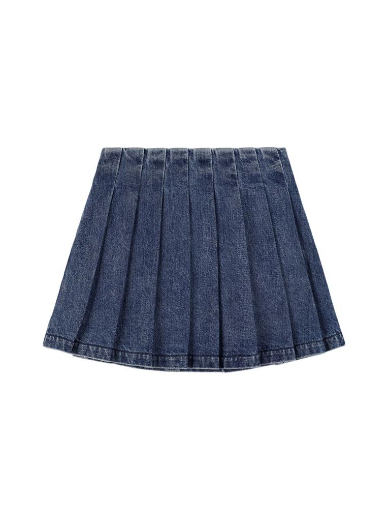 SELF-PORTRAIT Pleated Cotton Denim Skirt