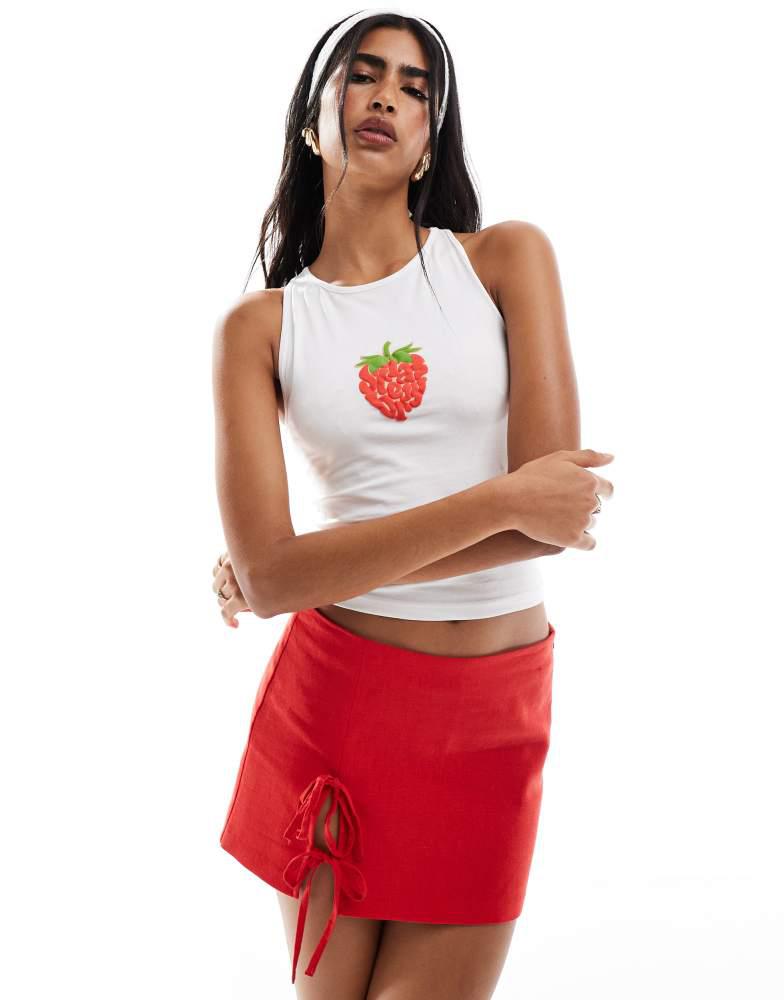Miss Selfridge Miss Selfridge puff print summer strawberry racer vest top in white