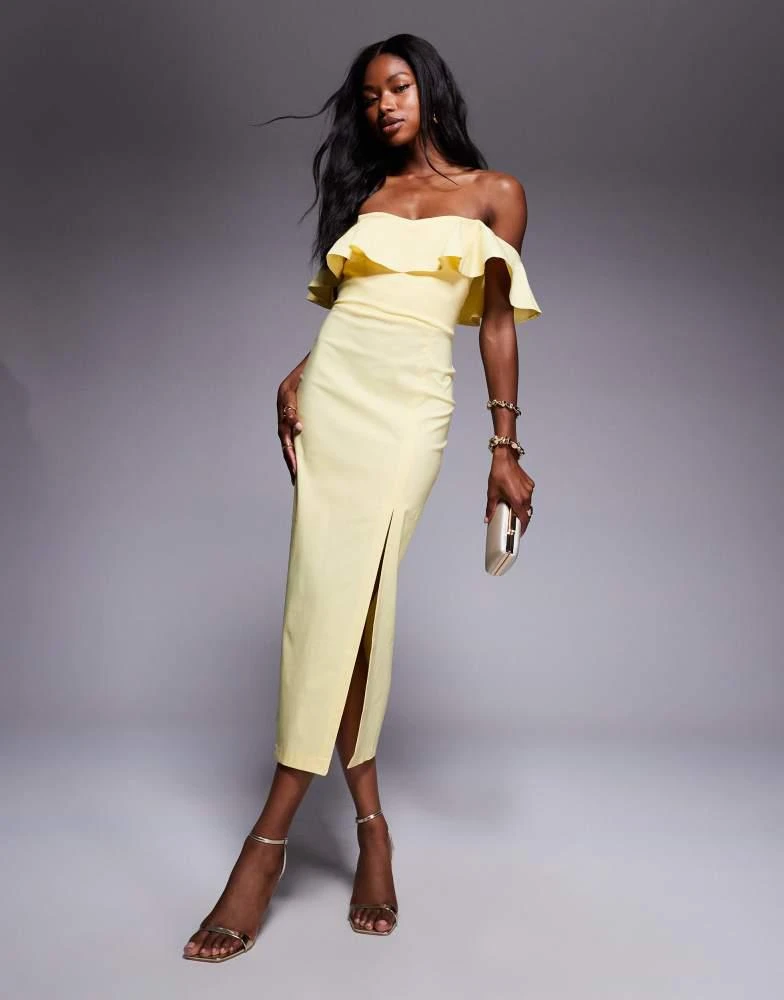 Shop Vesper bengaline frill bardot side split midi dress in lemon on Sale  at BeyondStyle  Get 10% Off Vesper bengaline frill bardot side split midi  dress in lemon with Limited-Time Flash