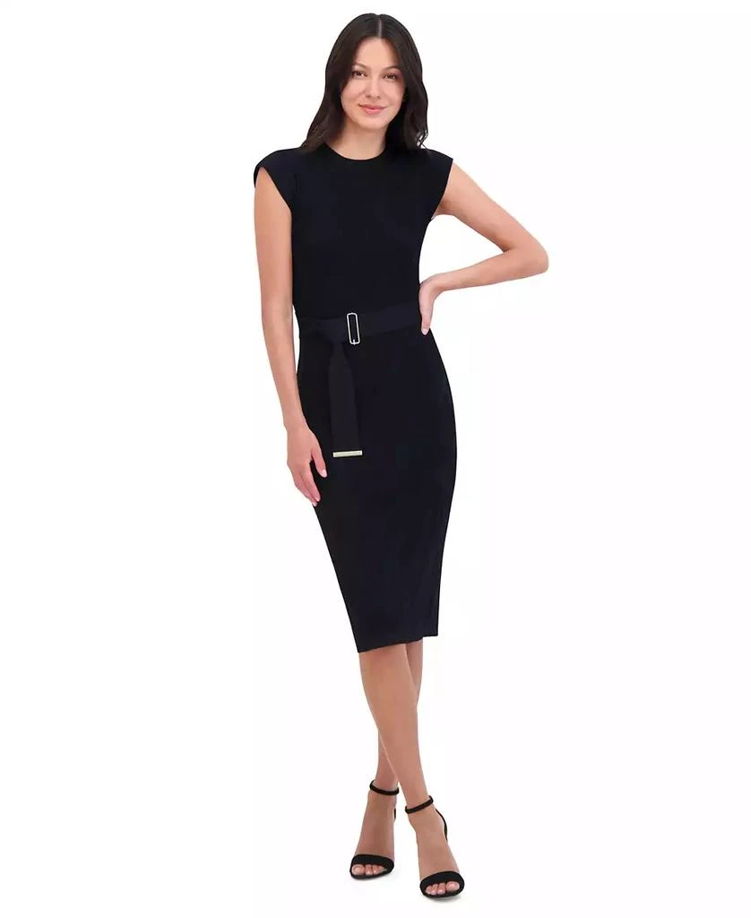 Vince Camuto Petite Round-Neck Belted Short-Sleeve  Dress 1