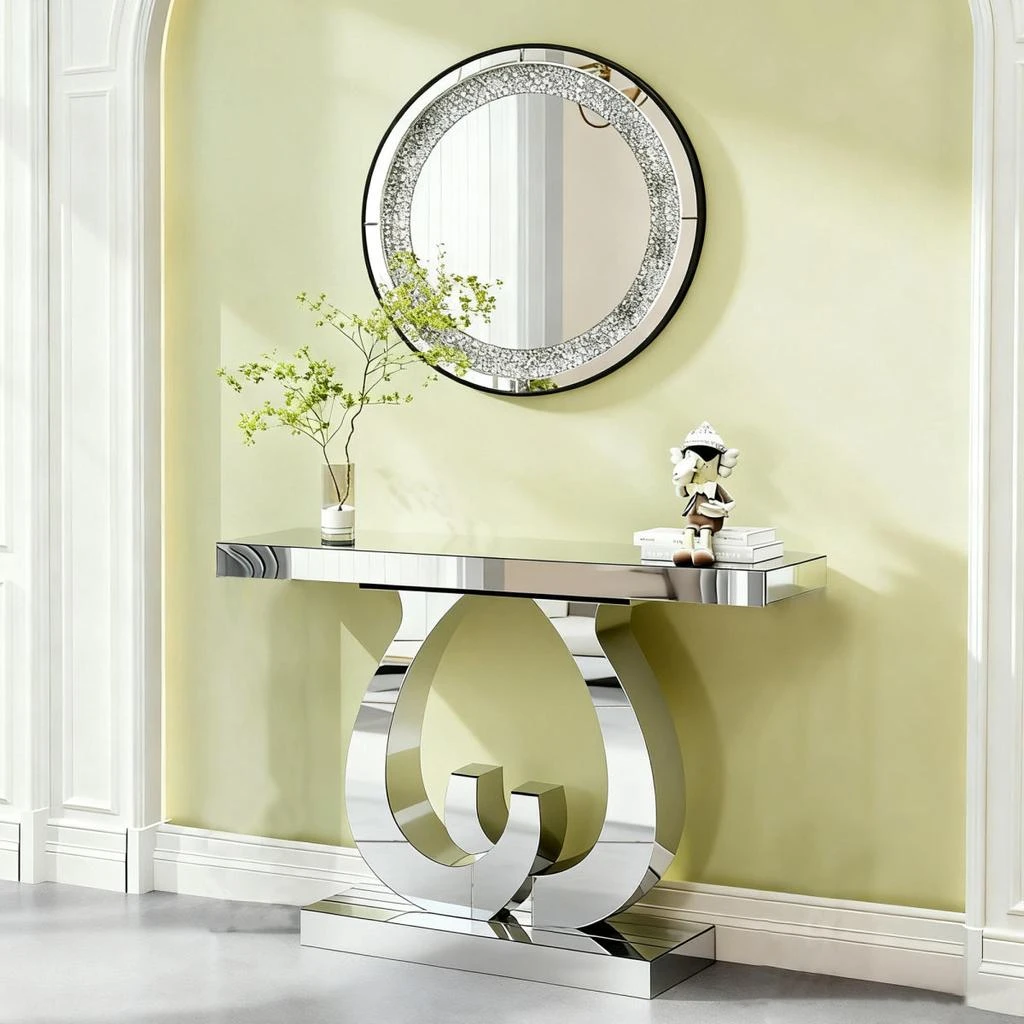 Streamdale Furniture Streamdale Modern mirror side table with double C-shaped base (silver) 2