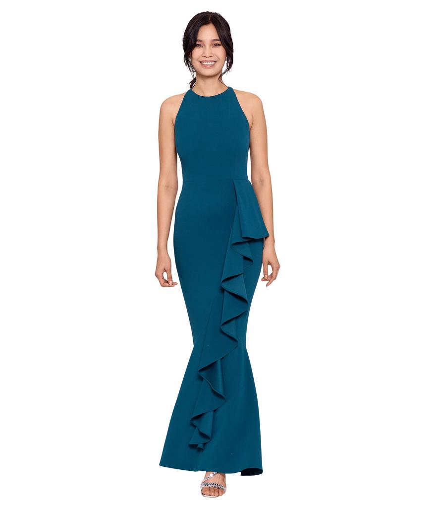 Betsy & Adam Halter Crepe Mermaid Gown