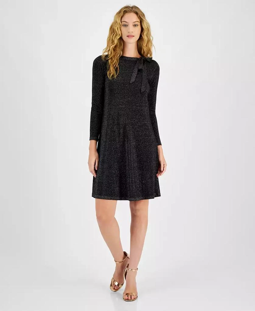Robbie Bee Petite Bow-Trim-Neck Long-Sleeve Glitter Sweater Dress 1