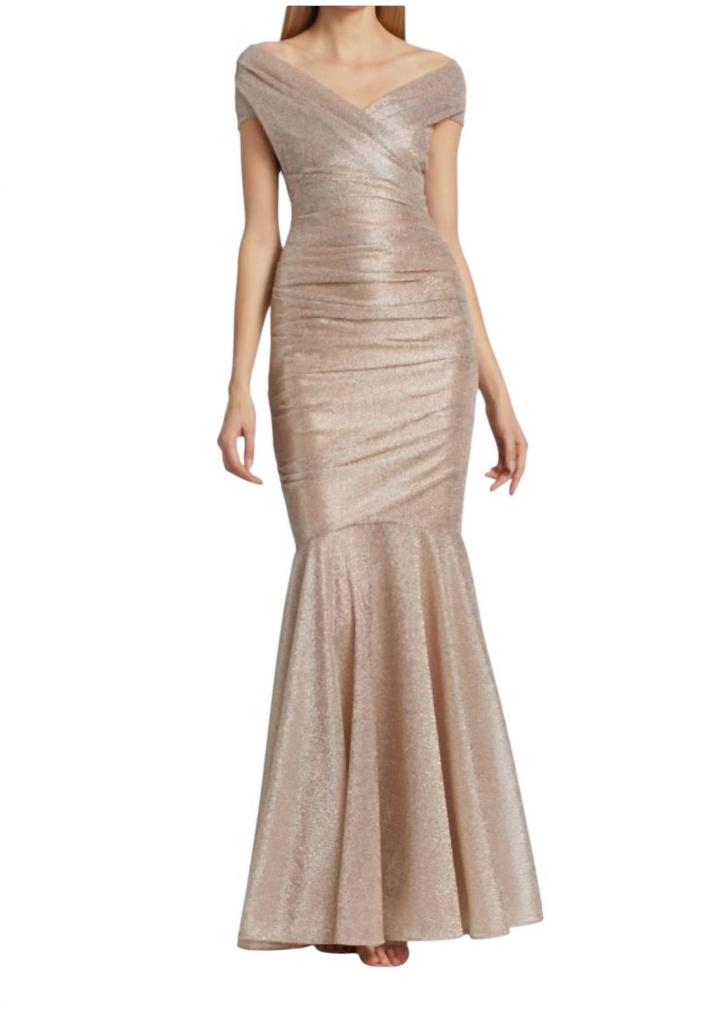 Talbot Runhof Talbot Runhof - Goudie Galvanized Voile Off Shoulder Gown
