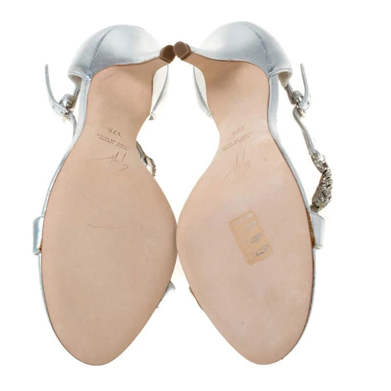 Giuseppe Zanotti Giuseppe Zanotti Metallic Silver Leather Crystal Embellished Open Toe Sandals Size 37.5 6
