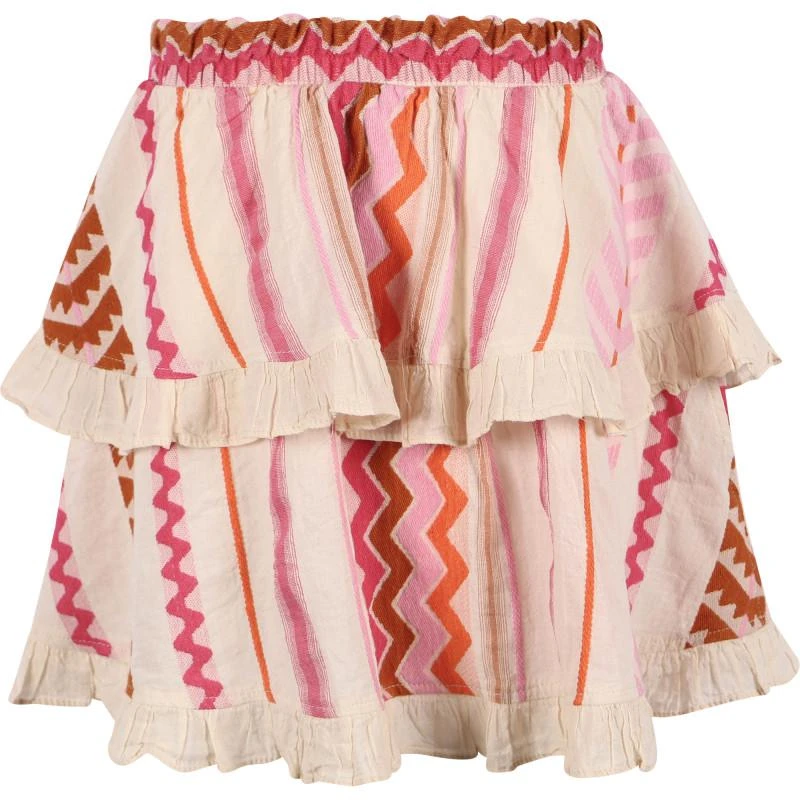 Devotion Geometric print ruffled cotton skirt in cream and pink 2