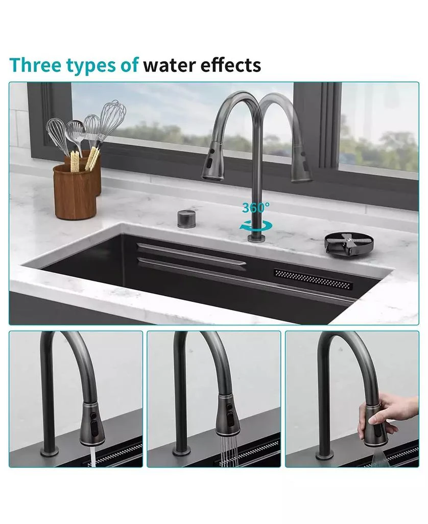 Flynama 33x16.72x10inch Undermount Gunmetal Black Waterfall Kitchen Sink Stainless Steel Workstation 8